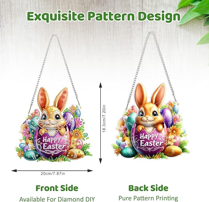 MEIYUDA Easter Bunny Diamond Art Hanging Kits for Adult, Happy Easter Diamond Painting Hanging Kits Ornaments, DIY Colorful Egg Special Shaped Rhinestone Window Pendant for Home Garden Wall Decor Gift