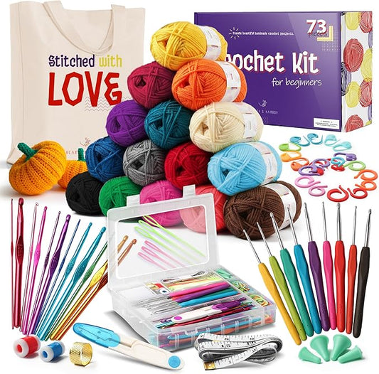 crochet kit for beginners adults and kids, 73 piece knitting & crochet supplies includes 1500 yards assorted yarn, 21 ergonomic hooks, plus many accessories – beginner crochet kits ideal for amigurumi