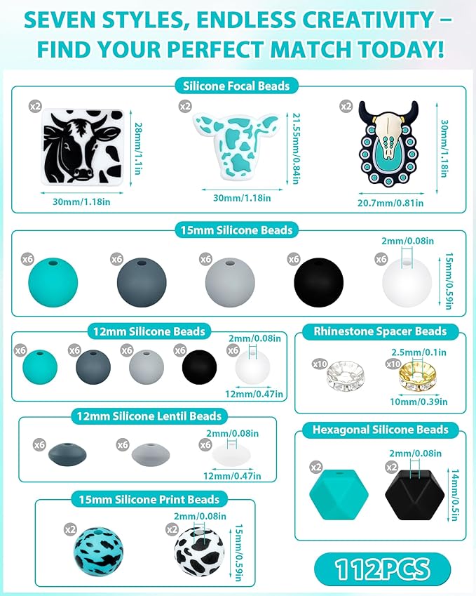112PCS FIVEIZERO 12mm 15mm Cow Focal Silicone Beads for Keychain Making, Round, Lentil, Hexagonal, Print, 10mm Rhinestone Rondelle Spacers Beads for Bracelet, Pens, Necklace Crafts(Black Green)