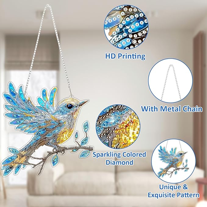 SENQAO Hummingbird Diamond Art Hanging Kits for Adults Kids, Acrylic Diamonds Painting Pendant Board Kit Bird, Diamond Art Painting Window Pendants Home Garden Wall Hanging Kits Hanging Ornament