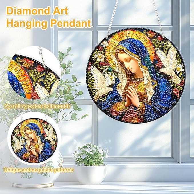 TOSTOG Virgin Mary Diamond Art Hanging Kits for Adults, Religious Artwork Diamond Painting for Adults Window Pendant, Special Shape Diamonds Diamond Painting Hanging Pendant Kit for Home Decor Gift