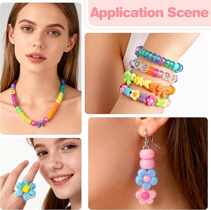 1000Pcs Pony Beads for Bracelets, Colourful Plastic Pony Beads Bulk, 6×9mm Friendship Shape Bead for Jewelry Making Heart Bow Tie Star for DIY Hair Braiding Keychains Necklaces Crafts Party Supplies