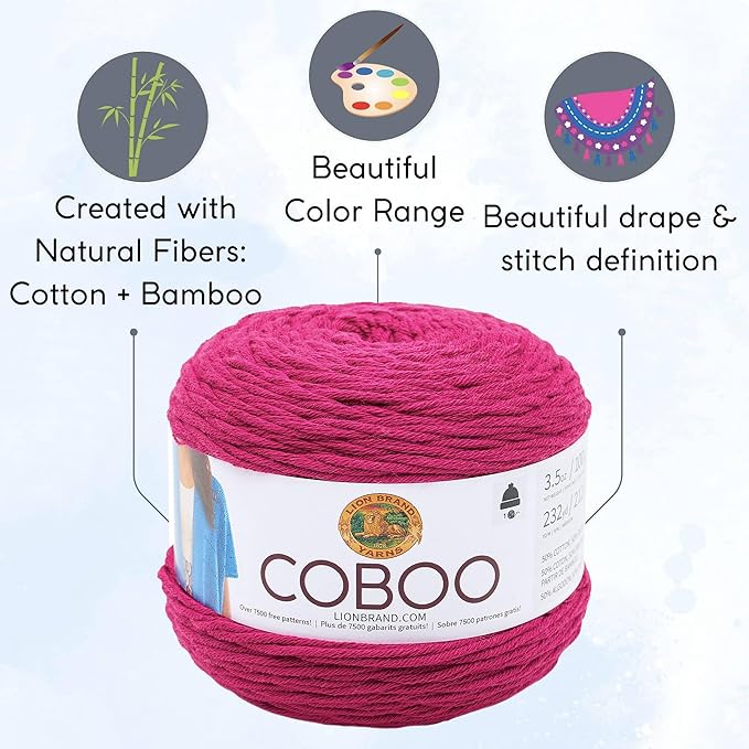 Lion Brand Coboo Magenta 835-144 (3-Skeins - Same Dye Lot) DK Light Worsted #3 Cotton, Bamboo Yarn for Crocheting and Knitting with Project Bag