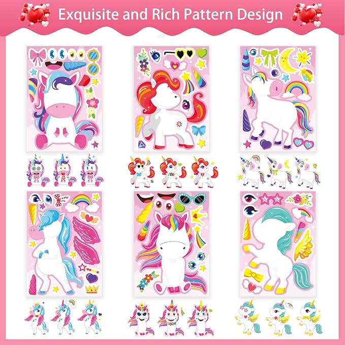 48 sheets make your own unicorns stickers for kids toddlers, make a fantasy face stickers for girls birthday party favors activities, valentines day gifts for kids classroom