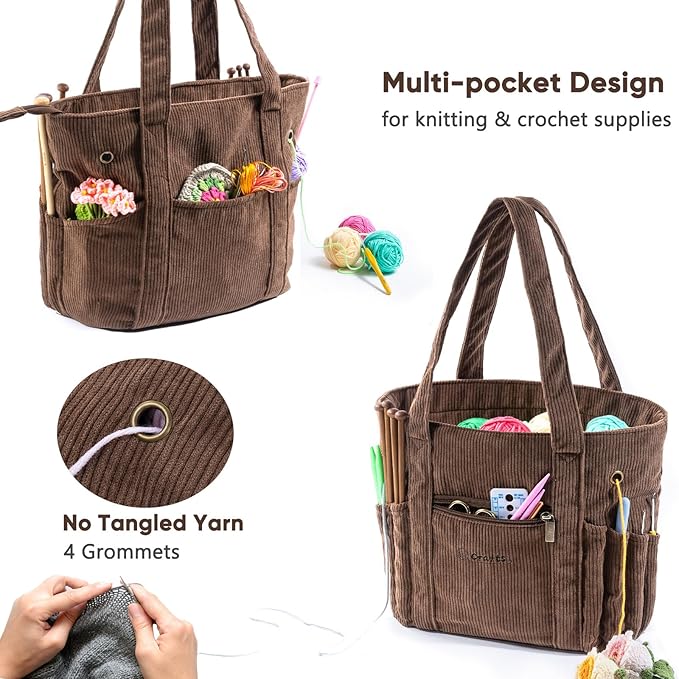 Corduroy Crochet Bag 11.5" Large Yarn Storage Tote with Grommets, Needle Holders – Knitting Bag Organizer for Crochet Hooks, Accessories, Tools & Projects –Gift for Knitters & Crafters