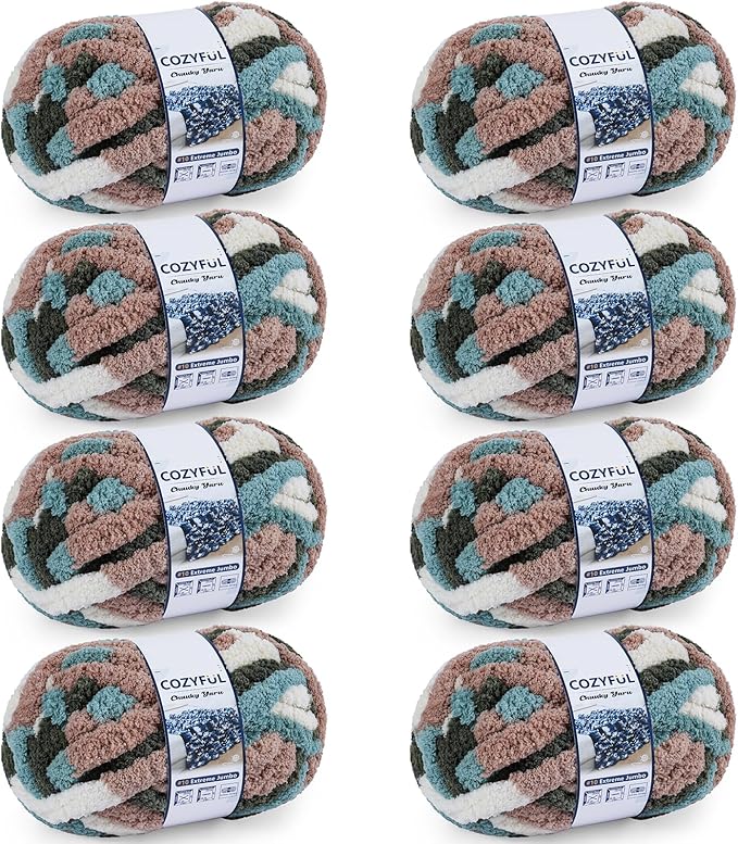 Chunky Yarn for Hand Knitting - #10 Chunky Chenille Blanket Yarn, Jumbo Big Thick Chunky Yarns for Crocheting, Tie Dye Bulky Knit Yarns, 8 Skein (25 yds 8 oz Each Skein), Forest&Teal&Coffee