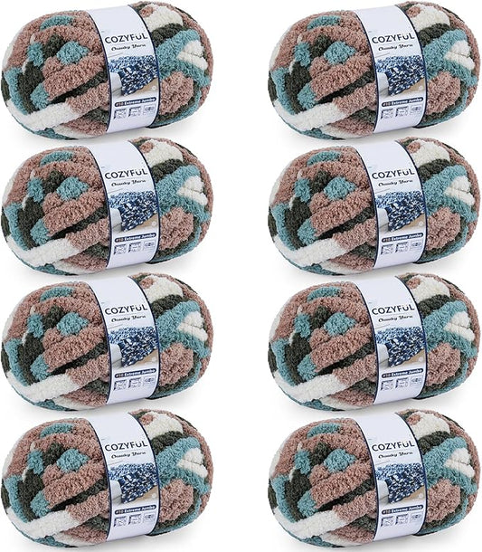 Chunky Yarn for Hand Knitting - #10 Chunky Chenille Blanket Yarn, Jumbo Big Thick Chunky Yarns for Crocheting, Tie Dye Bulky Knit Yarns, 8 Skein (25 yds 8 oz Each Skein), Forest&Teal&Coffee