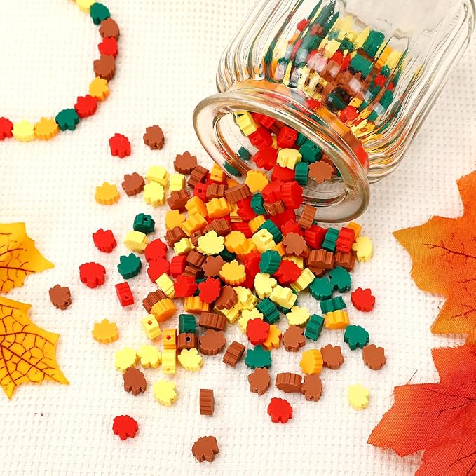 Augshy 300Pcs Fall Maple Leaves Beads, Maple Leaf Polymer Clay Beads for Bracelets, Necklaces, Earrings and Crafts Supplies