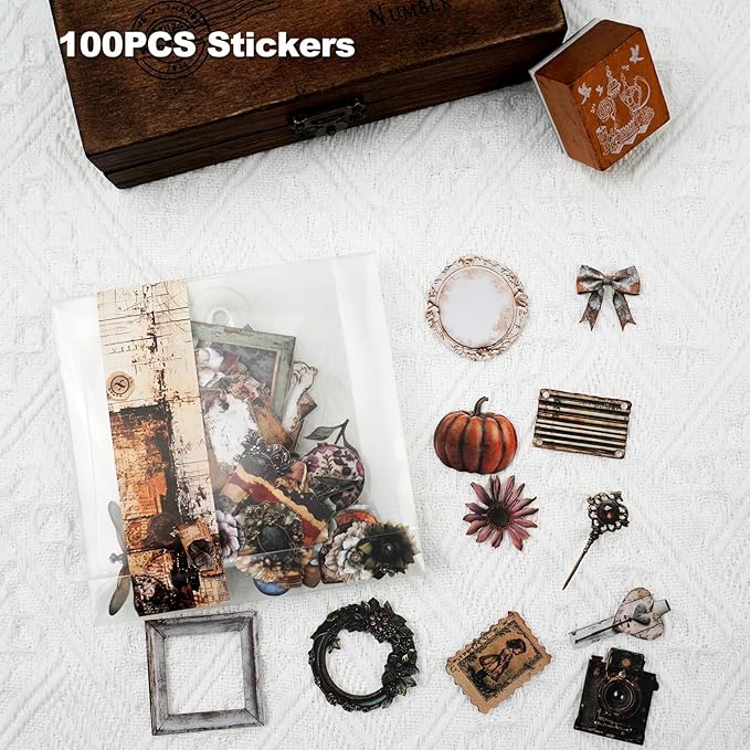 Retro Journal Sticker Set, 100PCS Vintage Precut Designs Featuring Florals, Keys, Frames, Butterflies and Ephemera Elements for Scrapbook and Collage Art