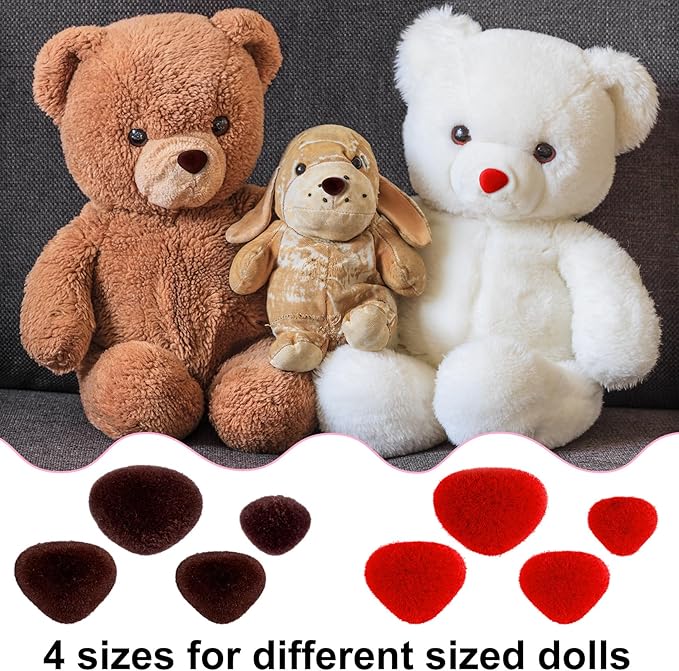 CustomyLife 32pcs Safety Noses for Amigurumi, 4 Sizes Plastic Craft Doll Noses with Washers, Flocking Stuffed Noses for Crochet Puppet Plush Toy Accessories- Red & Brown