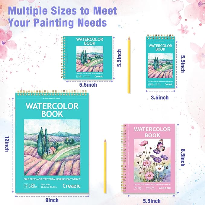 Creazic Watercolor Paper Pad (Pink), 5.5"x8.5", 24 Sheets (140lb/300g). Spiral Bound with Micro-Perforated Tear Line. Portable Travel Sketchbook Journal for Adults, Kids, Art Practice & Small Projects