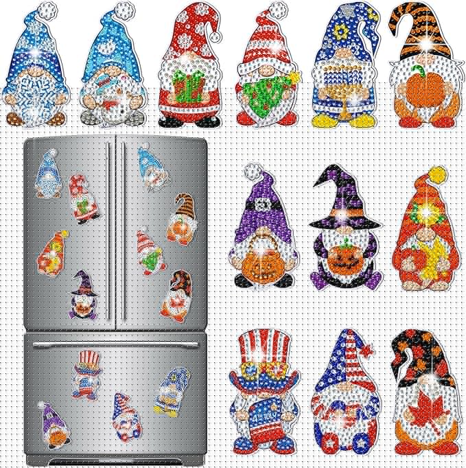 Frienda 12 Pcs 4th of July Diamond Art Magnets Refrigerator Patriotic Diamond Painting Magnets Holiday Gnome Easy Kits Interchangeable for Adults Beginners DIY Gnome Home Decors Gifts Craft