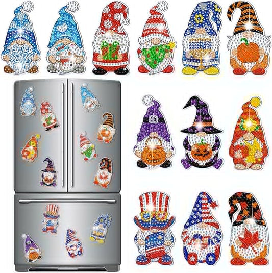 Frienda 12 Pcs 4th of July Diamond Art Magnets Refrigerator Patriotic Diamond Painting Magnets Holiday Gnome Easy Kits Interchangeable for Adults Beginners DIY Gnome Home Decors Gifts Craft