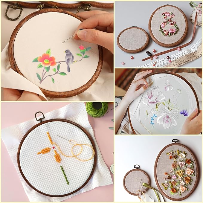 4 pack oval embroidery hoops, imitated wood display frame circle and oval embroidery kits with 30 pieces large eye embroidery needles, quilting hoop and cross stitch supplies for sewing and wall hang