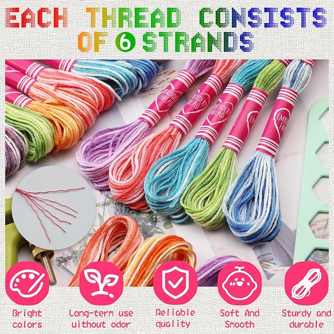 16 Skeins Colorful Series Embroidery Floss, 8m Cotton Cross Stitch Thread, Friendship Bracelet String Including Plastic Floss Bobbins, for DIY Making, Embroidery Crafts