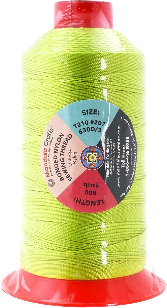 Mandala Crafts Size 207 630D T210 Bonded Nylon Thread - Lime Green 800 YDs Tex 210 Heavy Duty Sewing Threads for Leather, Jeans, Weaving, Outdoor Marine Upholstery