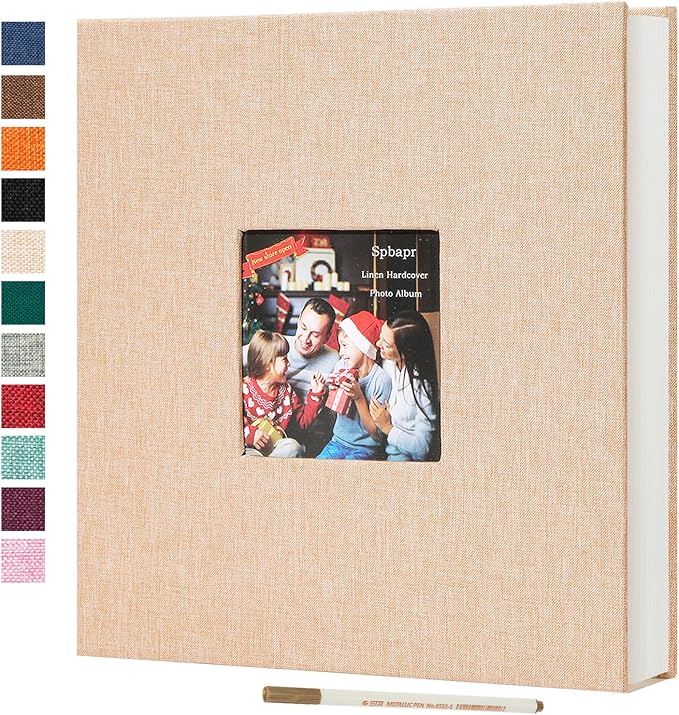 Spbapr Large Photo Album Self Adhesive 60 Pages Linen cover DIY Magnetic Scrapbook album with A Metal Pen Hold 4x6 5x7 6x8 8x10 10x12 Pictures Khaki