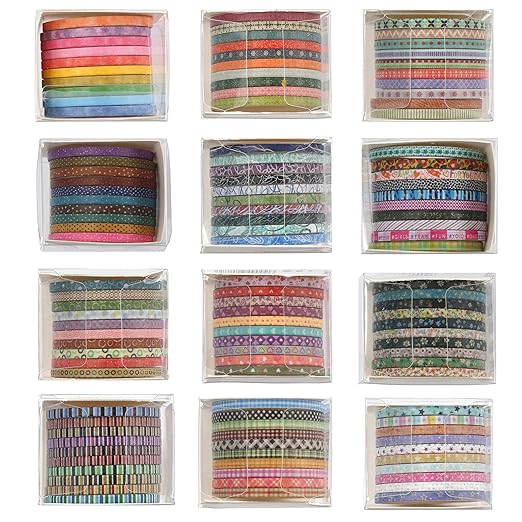 YUBX Skinny Washi Tape Pack 120 Rolls Basic Patterns Decorative Slim Geometric Elegance Masking Tapes for Arts, DIY Crafts, Journals, Planners, Scrapbook, Wrapping