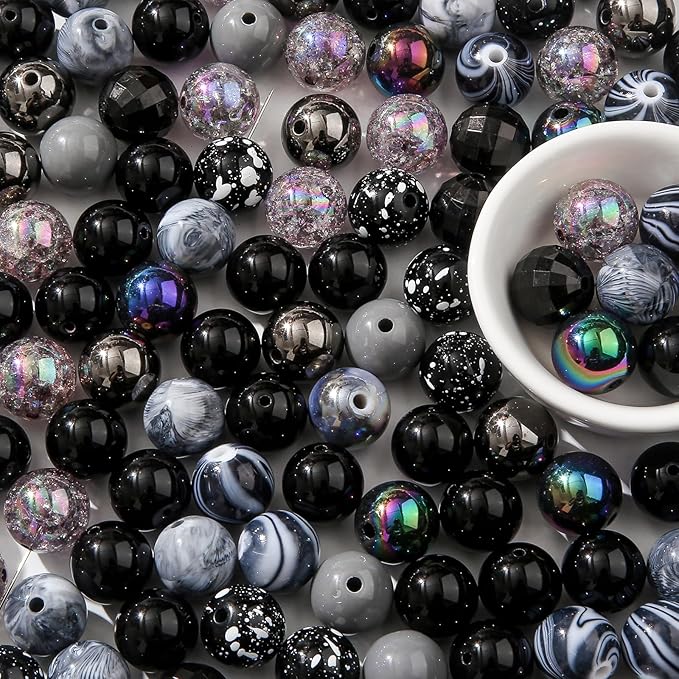 16mm Acrylic Bead 100pcs Black Focal Spacer Bead Chunk Bubblegum Beads for DIY Crafting Necklace Bracelet Jewelry Making Keychain (Black)