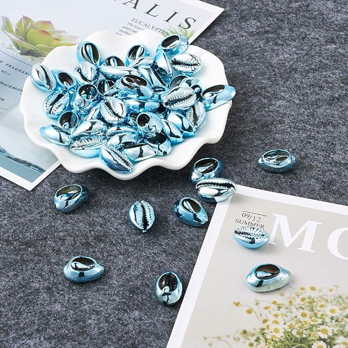 Cheriswelry 100pcs Sea Shell Electroplated Beads Undrilled Sky Blue Spiral Cowrie Shell Oval Beads Ocean Summer Beach Loose Spacer Beads 17~21mm for DIY Bracelet Necklace Jewelry Making