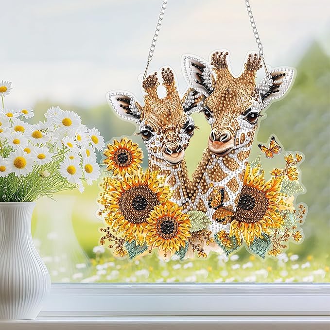 Diamond Art Kit for Adult, Floral Giraffes, Diamond Art Painting Double Sided Window Pendants for Home Garden Wall Hanging, DIY Special Shaped Gem Hanging Ornaments, Beautiful Giraffe with Sunflower