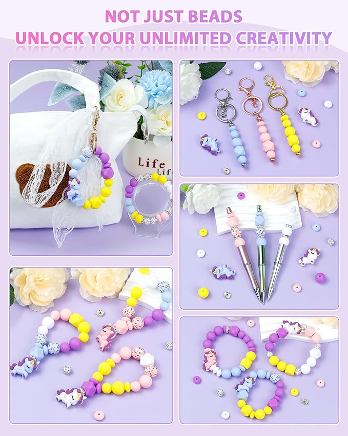 FIVEIZERO 162PCS Silicone Focal Beads for Keychain Making, Animal Unicorn, Round, Lentil, Hexagon, Printed, Rhinestone, Sliver Spacer Beads for Pens, Bracelets & Crafts with Elastic Cord & Scissors