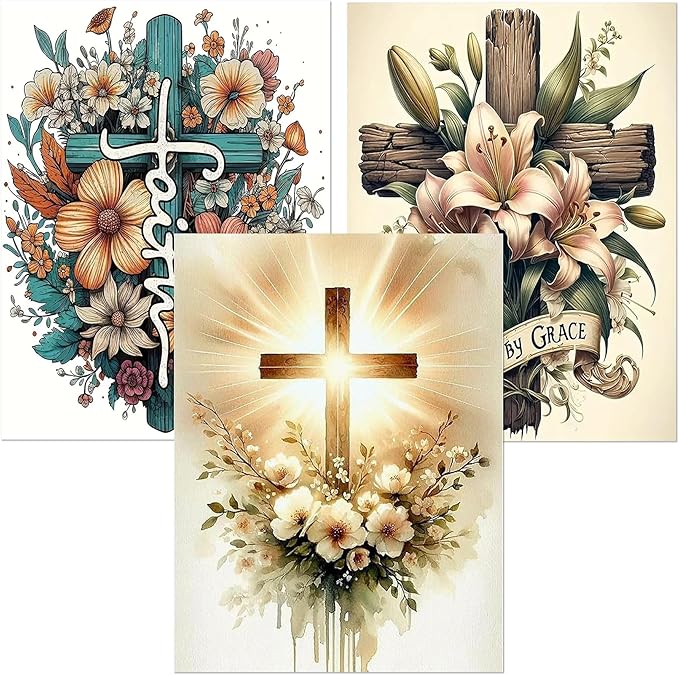 igoodom 3 Pack Cross Diamond Art Kits for Adults, Religious Diamond Painting Kit, Full Drill Round Diamond Art Kits, DIY Gem Art and Crafts for Home Wall Decor Gift 12x16inch