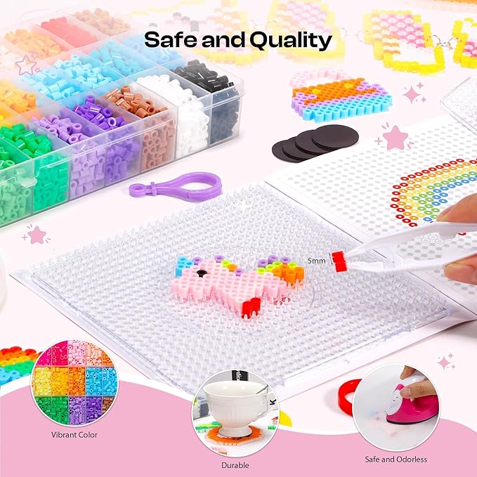 caydo 24 colors fuse beads kit, 5mm ironing beads for kids kit with patterns instruction, 3 pegboards, keychains, accessories & gift box for art and craft project, birthday
