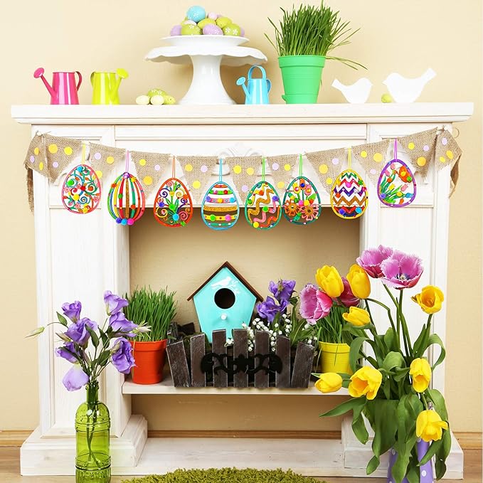 32 Sets Wooden Easter Ornaments Decorations DIY Easter Craft Kits Assorted Paintable Unfinished Wood Laser Cut Easter Egg Ornaments Pom-poms for Kids Easter Spring Classroom Home Activity Art Project