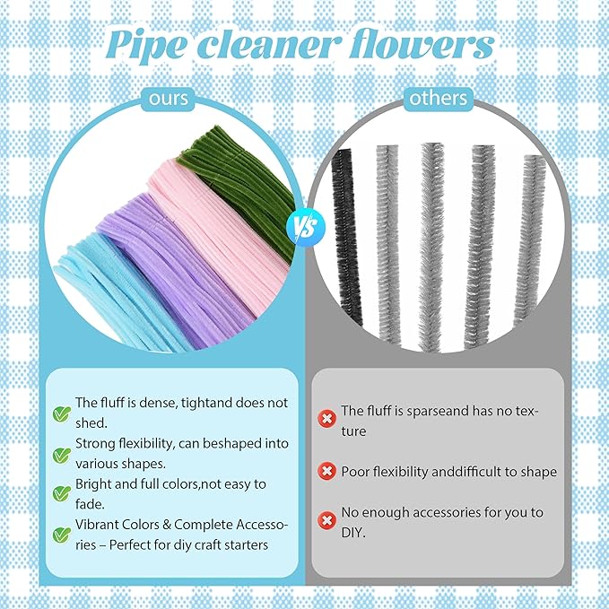 400 Pcs Thick Pipe Cleaners,Craft Supplies Floral Bonquet,DIY Flower Making Kit for Starter with Floral Wires, Gardening Tape,Stamen (Pink+Blue+Purple+Green)
