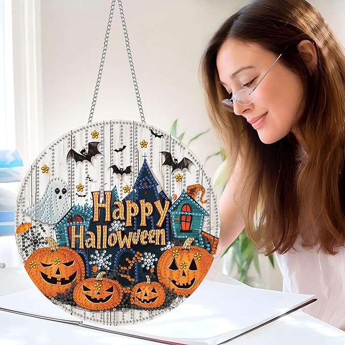 Pavemlo Hanging Diamond Art Kits for Adults Halloween Pumpkin – 8x8 Inch Double-Sided Acrylic Board DIY Crystal Diamond Suncatcher Pendant, Sparkling Home Wall or Window Decoration Handmade Gift