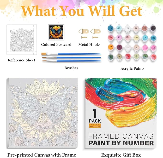 Framed Paint by Numbers Kit for Adults Beginner Butterfly, Adult Paint by Number Kits on Canvas Framed, DIY Acrylic Oil Painting by Numbers with Frame, Sunflower for Home Decor Gift 10 X 10 Inch