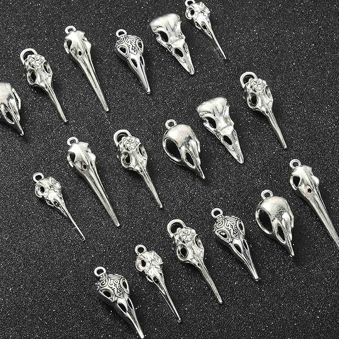 DanLingJewelry 30Pcs 6 Styles Antique Silver Raven Skull Bird Head Skeleton Charms for Halloween Jewelry Making Crafting