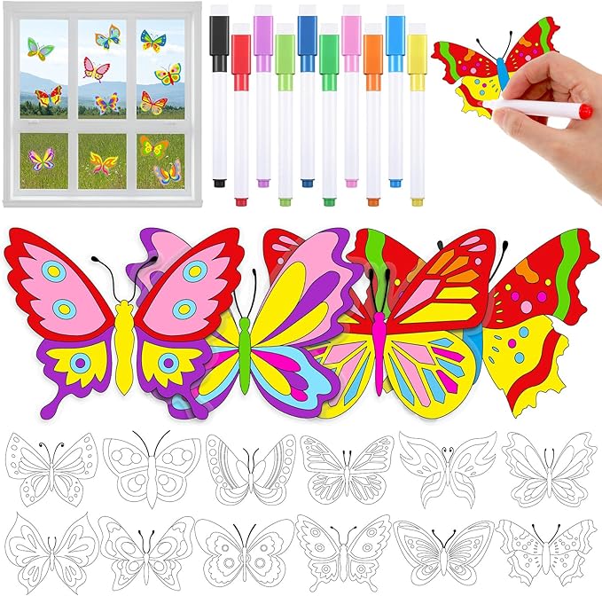 Frienda 36 Pcs Spring Butterfly Window Suncatchers Crafts Kit DIY Window Clings Stickers Butterfly Arts Crafts with 10 Markers for Easter Home Activities Decor Vbs