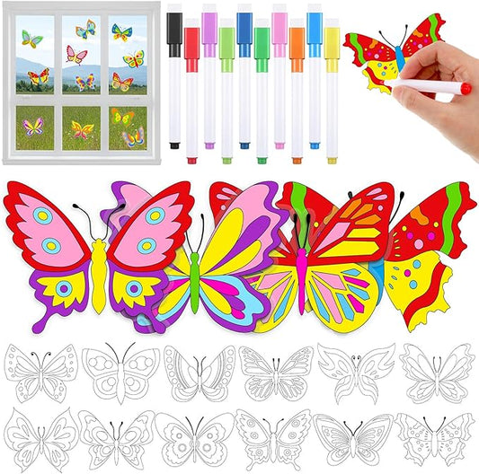 Frienda 36 Pcs Spring Butterfly Window Suncatchers Crafts Kit DIY Window Clings Stickers Butterfly Arts Crafts with 10 Markers for Easter Home Activities Decor Vbs