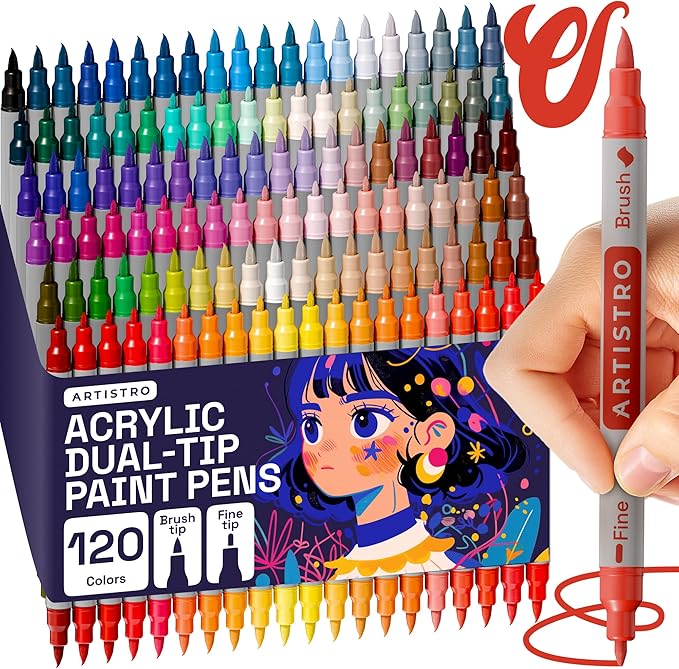 ARTISTRO 120 Acrylic Paint Markers - Paint Pens for Drawing, Brush + Fine Tips - For Fabric, Rock, Glass, Wood, DIY, Eggs - Art & Craft Supplies for Adults, Teens, Kids - Easter Basket Stuffers