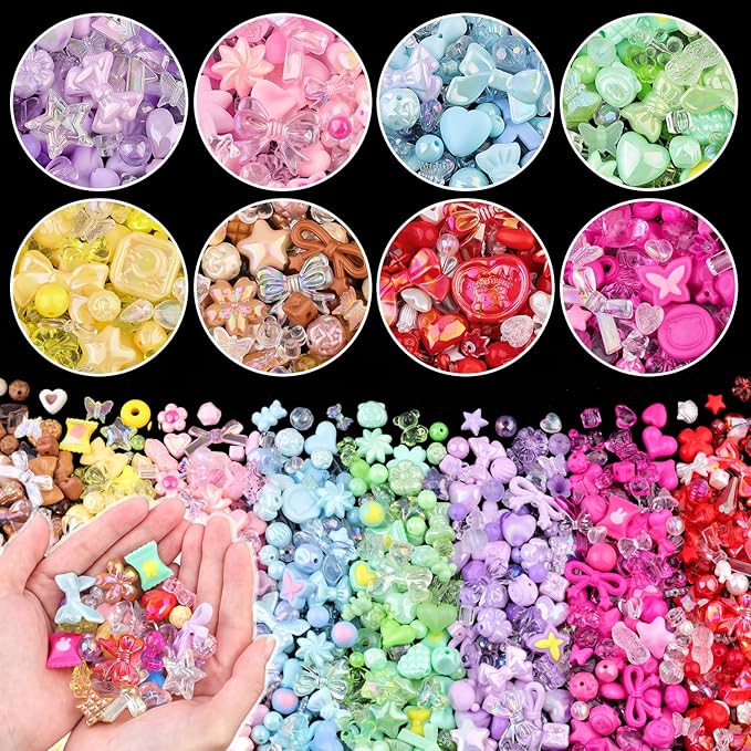 500-550pcs tinkrstuff assorted acrylic beads, 8 colors series cute beads for bracelet making, bow aesthetic gummybear candy butterfly kawaii charms for jewelry making diy necklace keychain phone charm