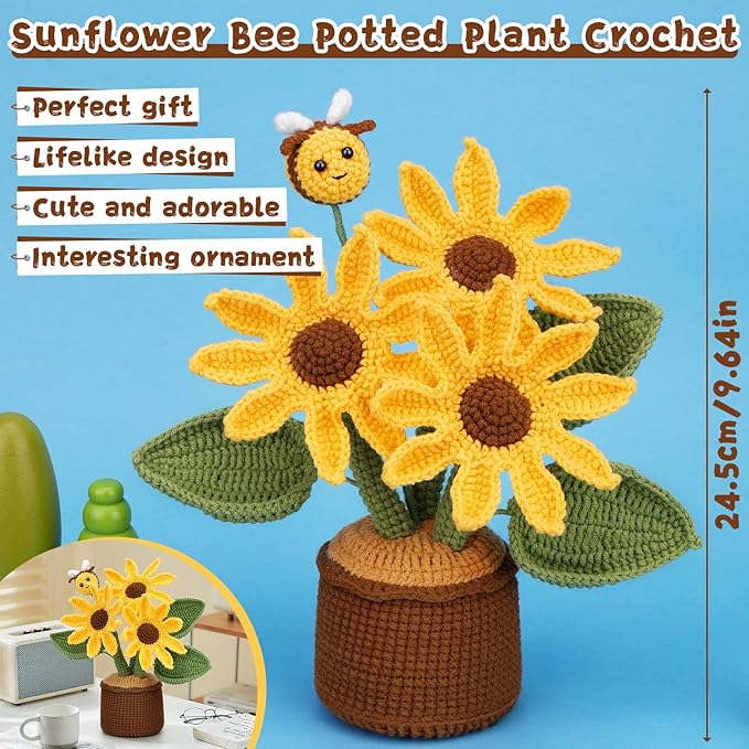 LUNARM Crochet Kit for Beginners, Sunflower Beginners Crochet Kit for Adults, Learn Starters Kit with Video Tutorial, Knitting Yarn, Hook DIY Craft Home Deco, Holiday Birthday Gift