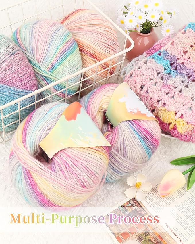 Coopay Yarn for Crocheting Knitting, Gradient Cake Yarns, 2 × 3.53oz - 240yds - 50% Cotton 50% Acrylic Ombre Yarns, Gradient Crochet Yarn for Blankets, Shawls, Scarves (206 Fairy Tale)