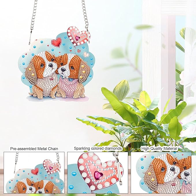 DIY Diamond Painting Hanging Kit for Adults, Diamond Art Suncatcher – Special Shaped Crystal Ornament with Cute Dog Couple, Window Decor or Car Rearview Mirror Gift