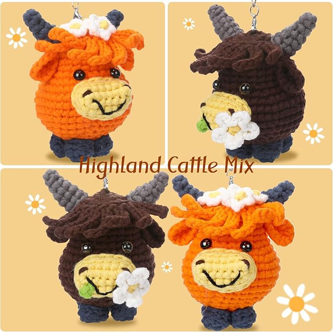 CrochetBox Crochet Kit for Beginners - 2 PCS Highland Cow Keychain Crochet Kit, Learn to Crochet, Include Easy Knitting Yarn, Step-by-Step Video Tutorial, Hook, Holiday Birthday Gift for Adults
