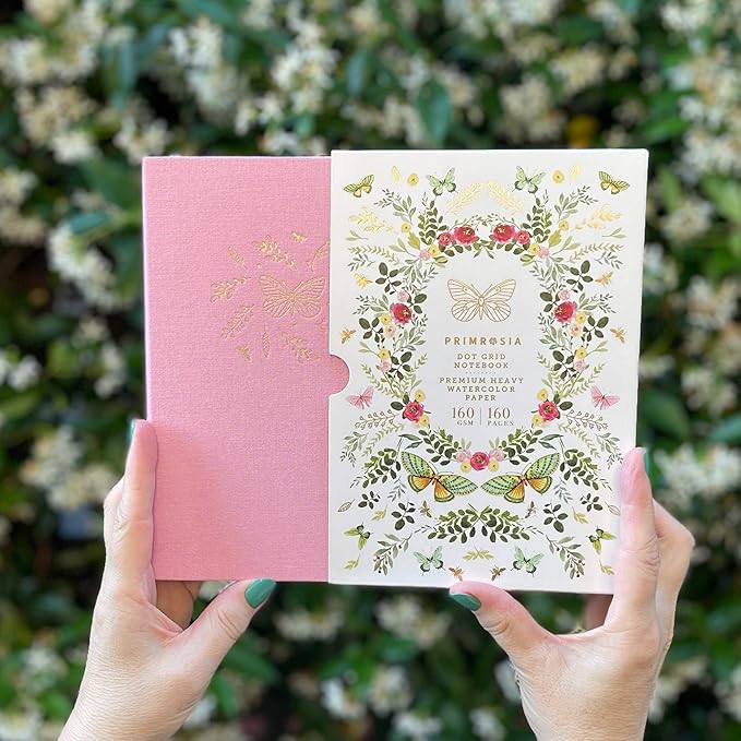 Primrosia A5 Dot Grid Watercolor Journal Notebook – 160 pages I 160gsm Premium Heavy Paper, No Bleed – Luxe Linen Hard Cover with Cute Deer Slip Cover (Pink Butterfly, 1)