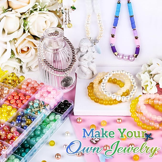 XSEINO About 1200PCS 8mm Glass Beads Bracelet Making Kit，48 Assorted Yellow and Green Series Colorful Crystal Beads for Making and DIY Crafts