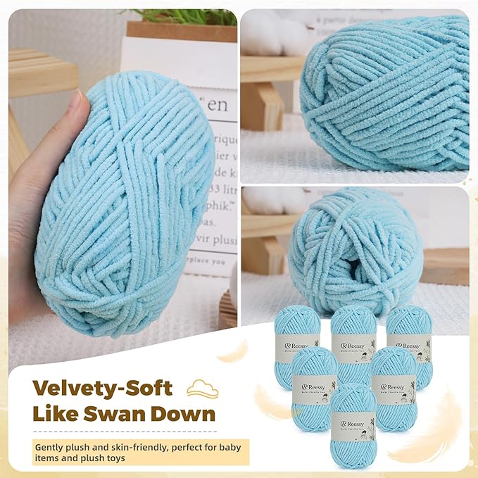 Bulky Chenille Yarn for Crocheting – 6 Pack of 50g/1.76oz Skeins, Pure Polyester, CYC #5 Bulky Weight – Ultra Soft Chenille Yarn Pack for Crafting Plush Toys, Blankets, Scarves(Sky Blue)