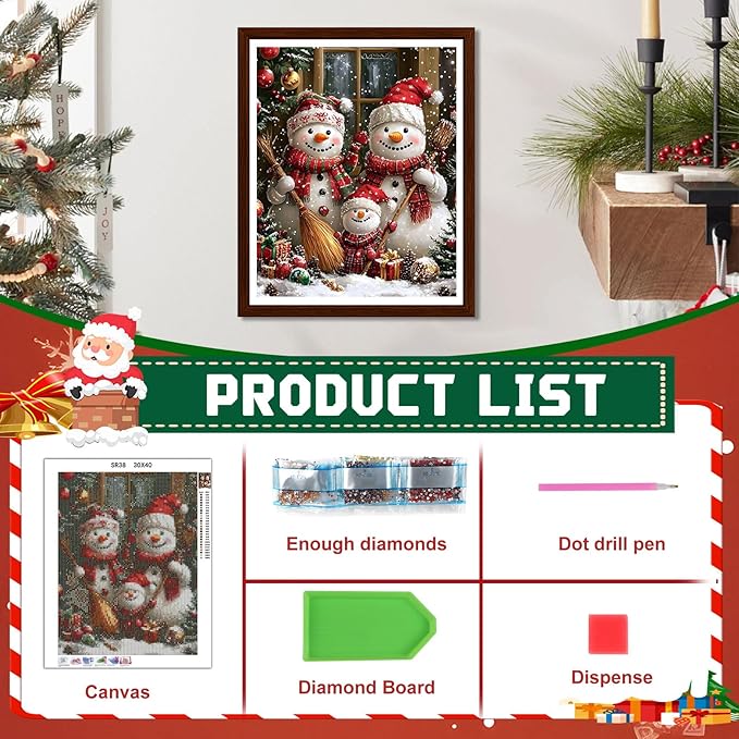 EMIEAUFG Christmas Diamond Art Kits for Adults, Christmas Snowman Family Diamond Paiting Kit for Beginners, 5D DIY Round Full Drill Craft Diamond Dot Gem Art, Home Wall Decor 12" x 16"