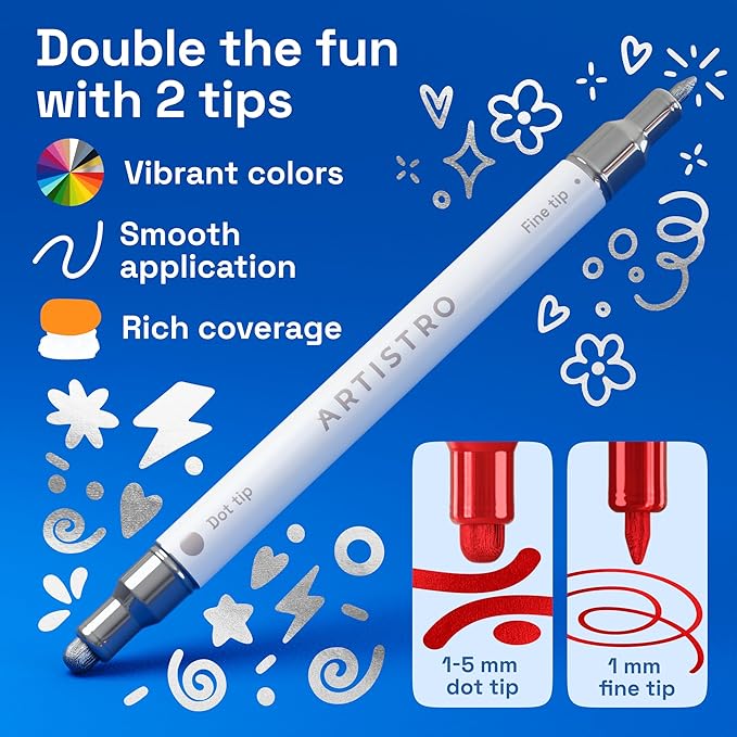 ARTISTRO 24 Metallic Acrylic Paint Markers for Rock, Fabric, Wood, Glass, Eggs - Dual-Tip Paint Pens for Coloring Books for Adults, Teens - Art & Craft Supplies - Gift Idea - Easter Basket Stuffers