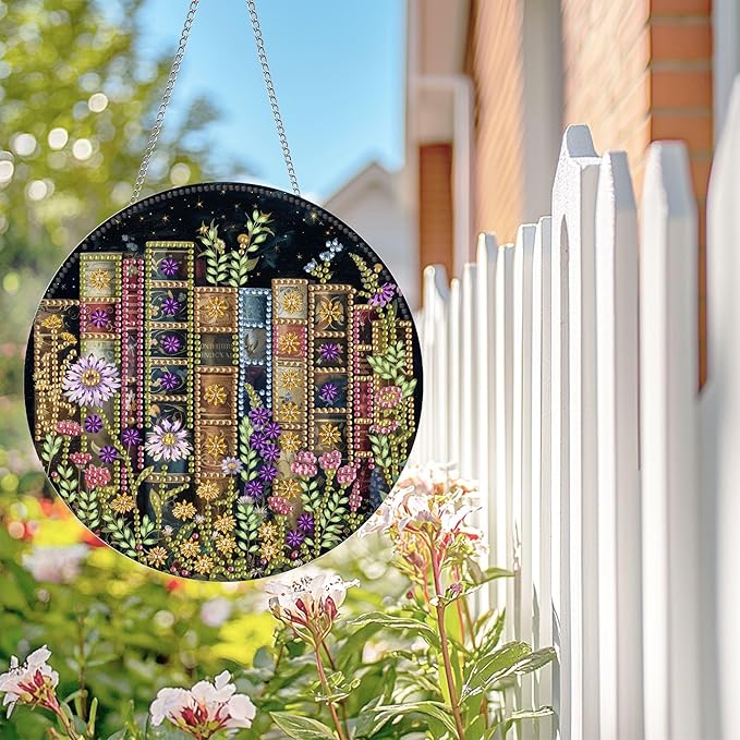 Wergund 5D DIY Book Diamond Art Hanging Kits, Hanging Diamond Art Flower, Acrylic Special Shaped Rhinestone, Window Hanging Pendants for Home Wall Garden Front Door Outdoor Decor Gift(Book)