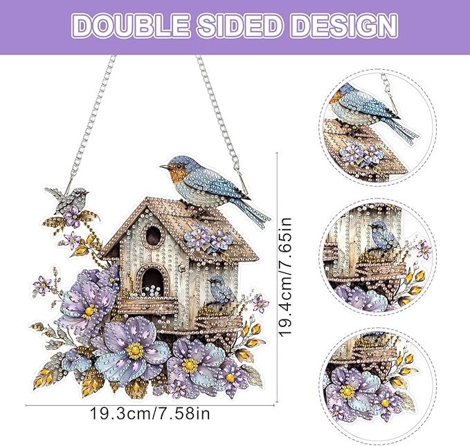 Lxmsja DIY Birdhouse Diamond Painting Hanging Ornament, Double-Sided Acrylic Flowers Bird Diamond Art Kit, Special Shaped Drill Pendant Window Art Kit, Suncatcher Hanging Craft Decoration 8x8 inch