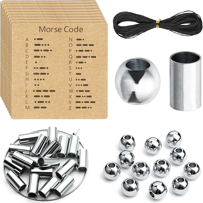 Morse Code Bracelet Making Set, Includes Stainless Steel Round Spacer Beads, Long Tube Beads, Morse Code Decoding Card and Waxed Cord for DIY Jewelry Making (3mm)