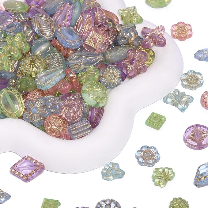 7.5 OZ Assorted Vintage Acrylic Beads for Jewelry Making, Song Xi Unique Flower Rose Czech Beads for Bracelet Earrings, Bohemia Style, Bulk, Arts and Crafts, DIY Holiday Gift (240-260 PCS, Rainbow)